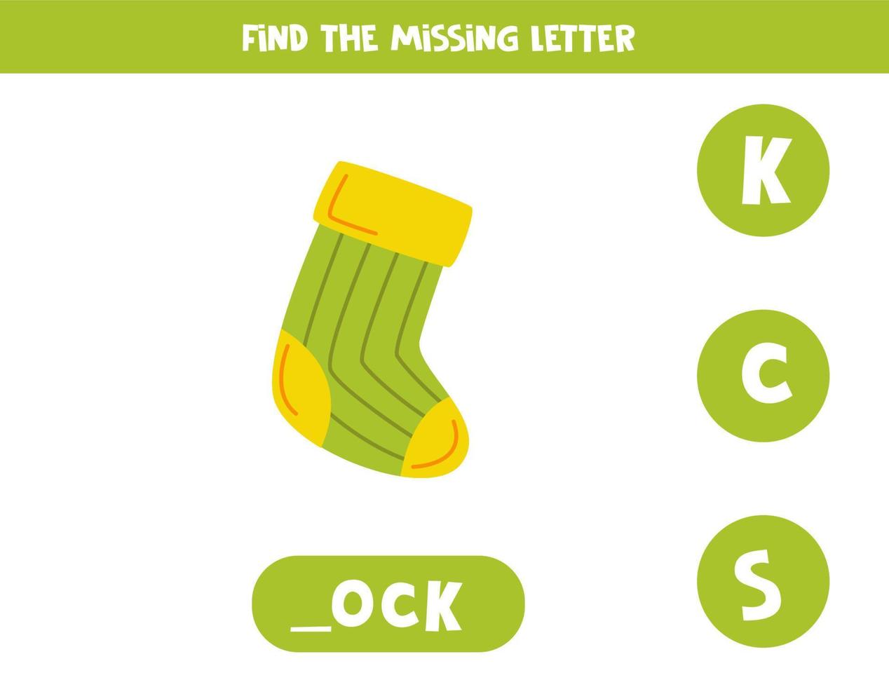 Find missing letter with hand drawn green sock. Spelling worksheet. vector