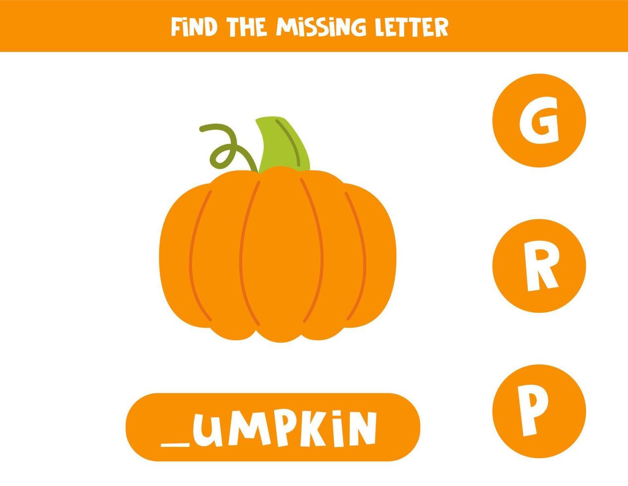 Find missing letter with hand drawn pumpkin. Spelling worksheet. vector