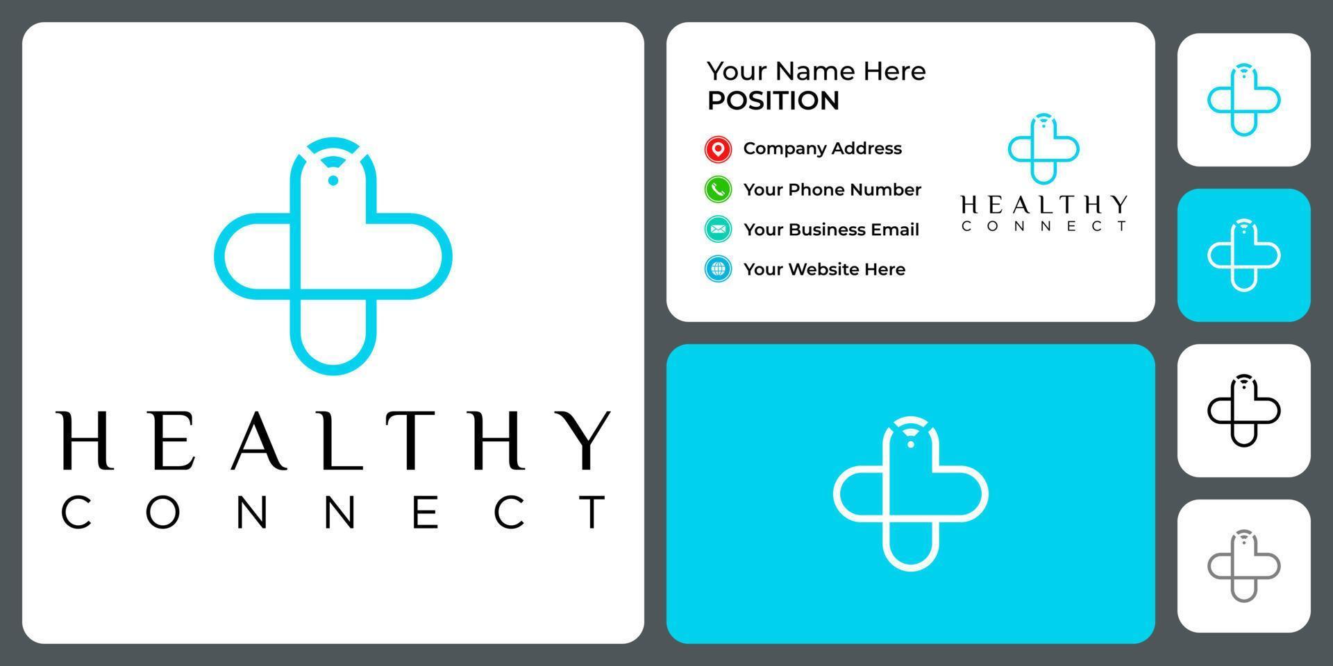 Health medical connection logo design with business card template. vector