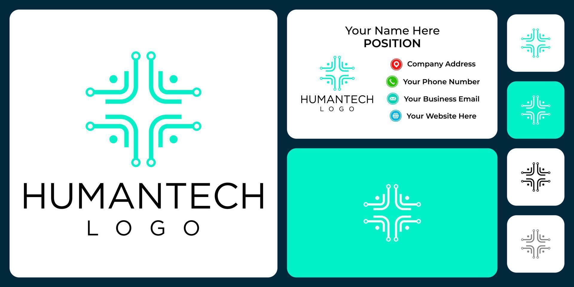 diseño de logotipo de tecnología humana cruzada médica con plantilla de tarjeta de visita. vector