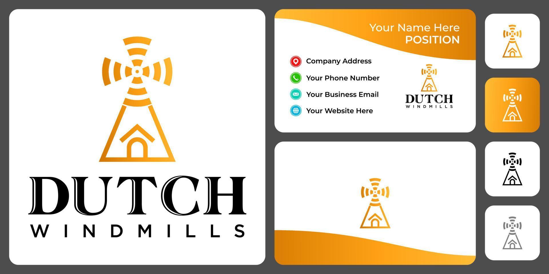 Dutch windmills logo design with business card template. vector