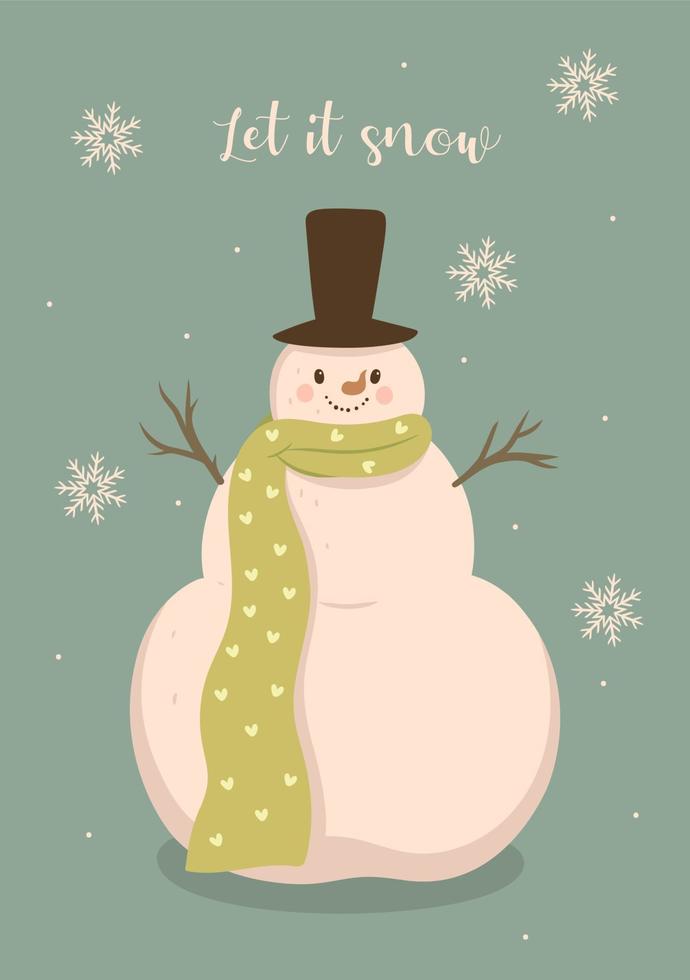 Christmas card with a cute snowman. Vector graphics.