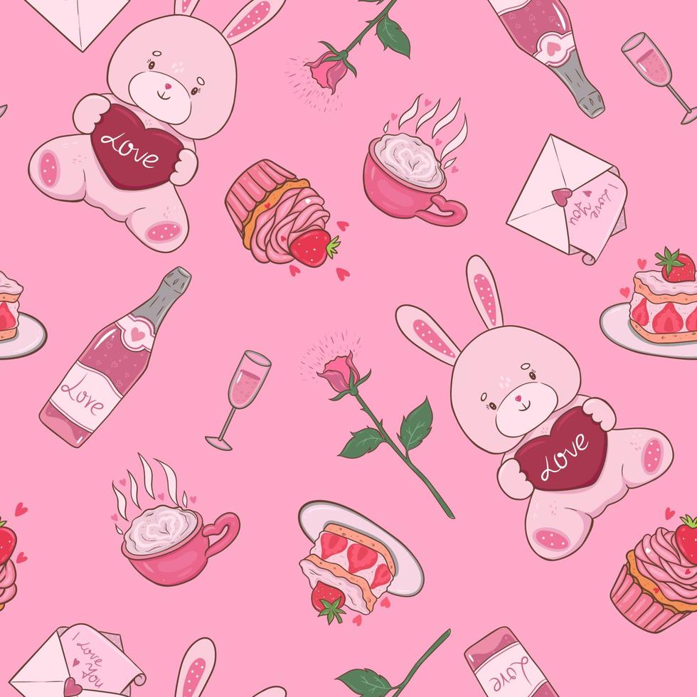 Seamless pattern with romantic items. Vector graphics.