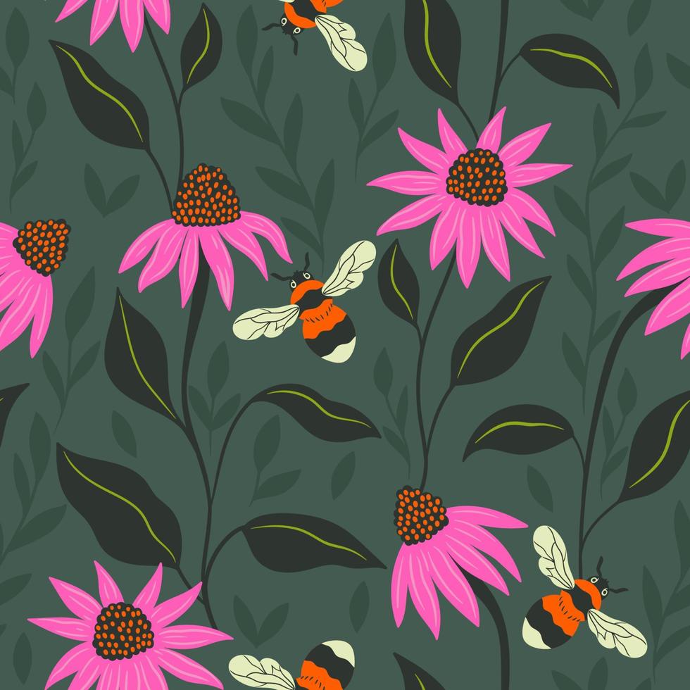 Seamless pattern with bumblebees and echinacea flowers. Vector graphics.