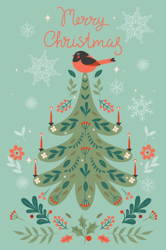 tarjeta de navidad con un árbol y un pájaro. gráficos vectoriales vector