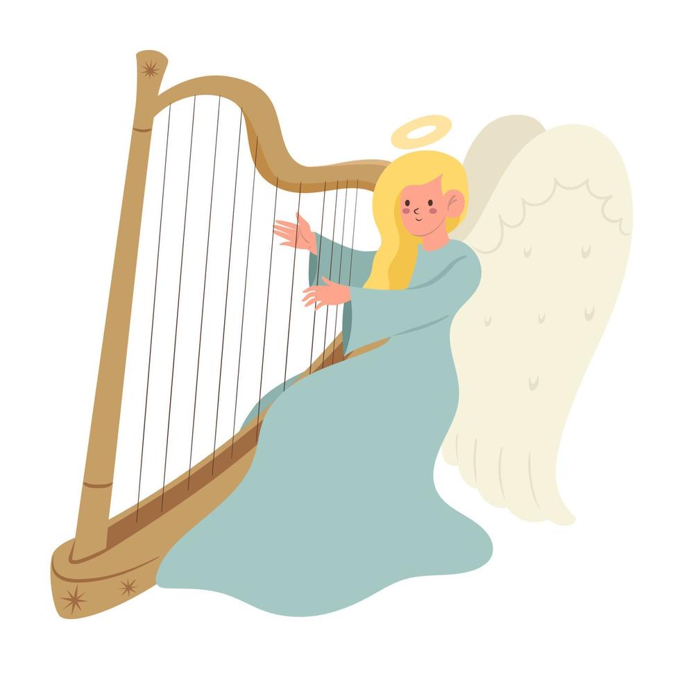 Angel playing the harp isolate on a white background. Vector graphics.