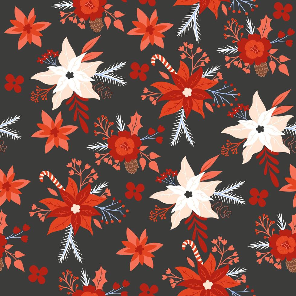 Seamless Christmas pattern with flowers. Vector graphics.