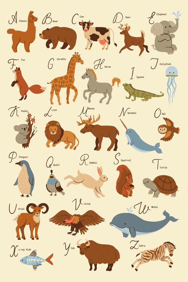Children's alphabet poster with animals. Vector graphics.