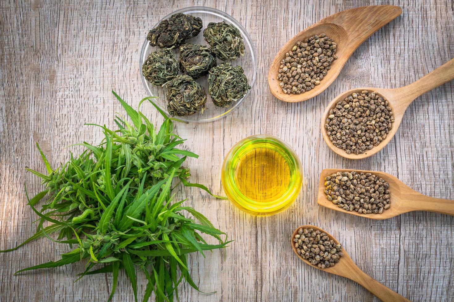 Hemp seeds in wooden spoon and hemp essential oil in small glass bottle. Copy space. CBD hemp oil. Top view. photo