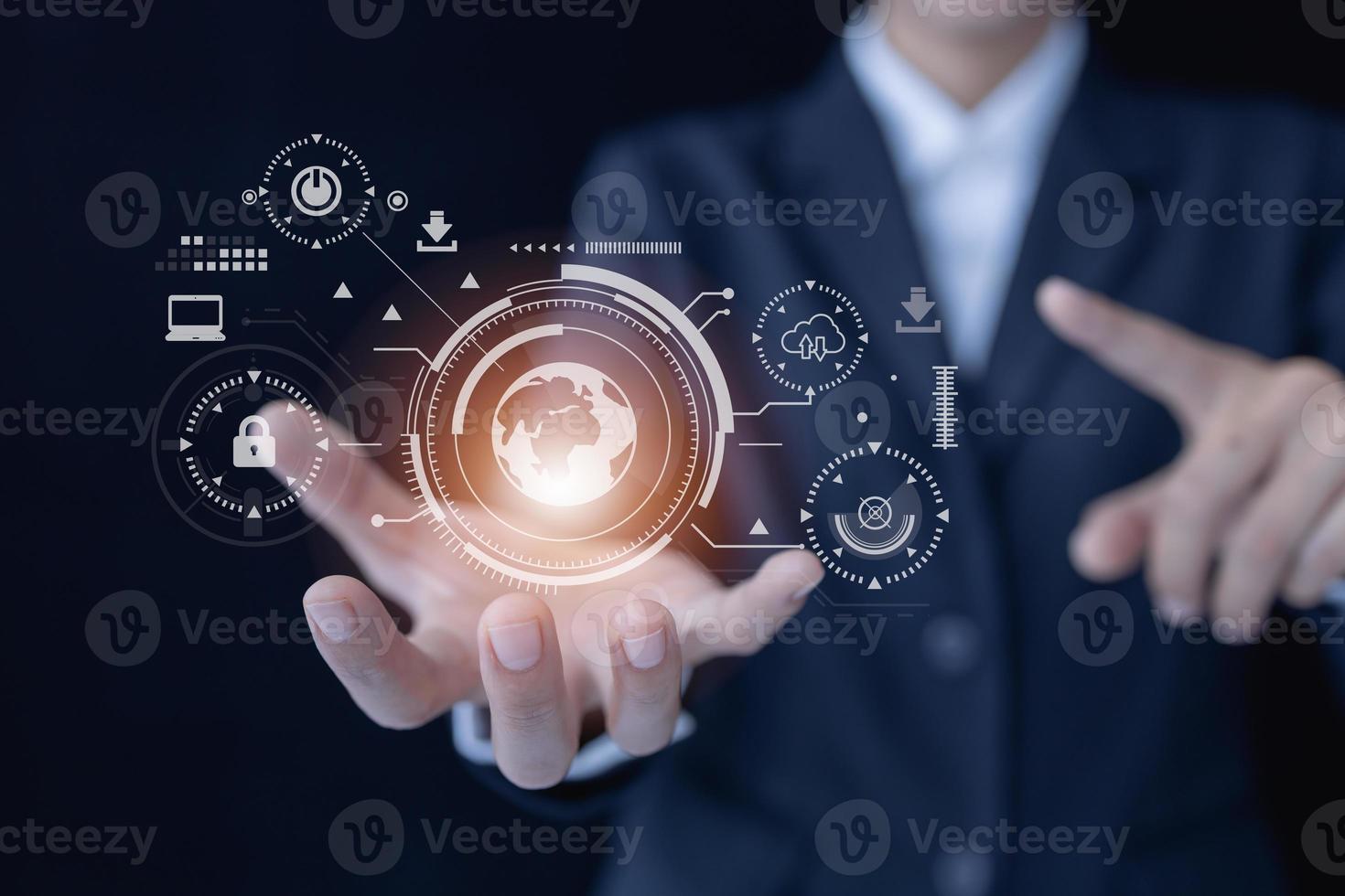 Business global internet connection application technology and digital marketing,  woman Hand holding virtual Global Internet connection metaverse. Presenting wireless technologies. Mixed media. photo
