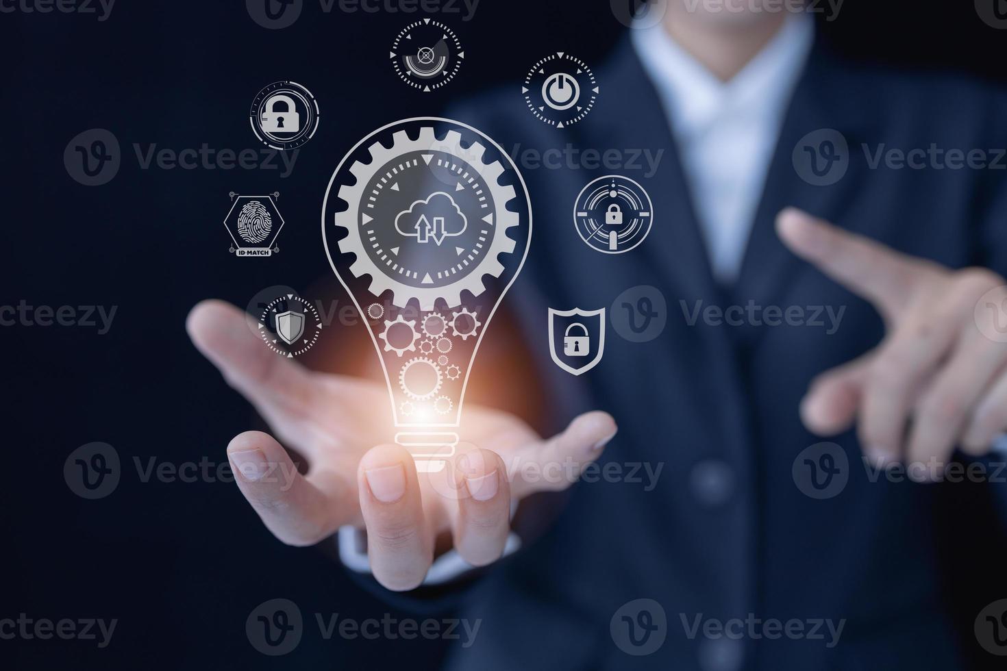Businessman holding  cloud computing diagram show on hand. Cloud technology,  Data storage, password and shopping,  Networking and internet service concept. photo