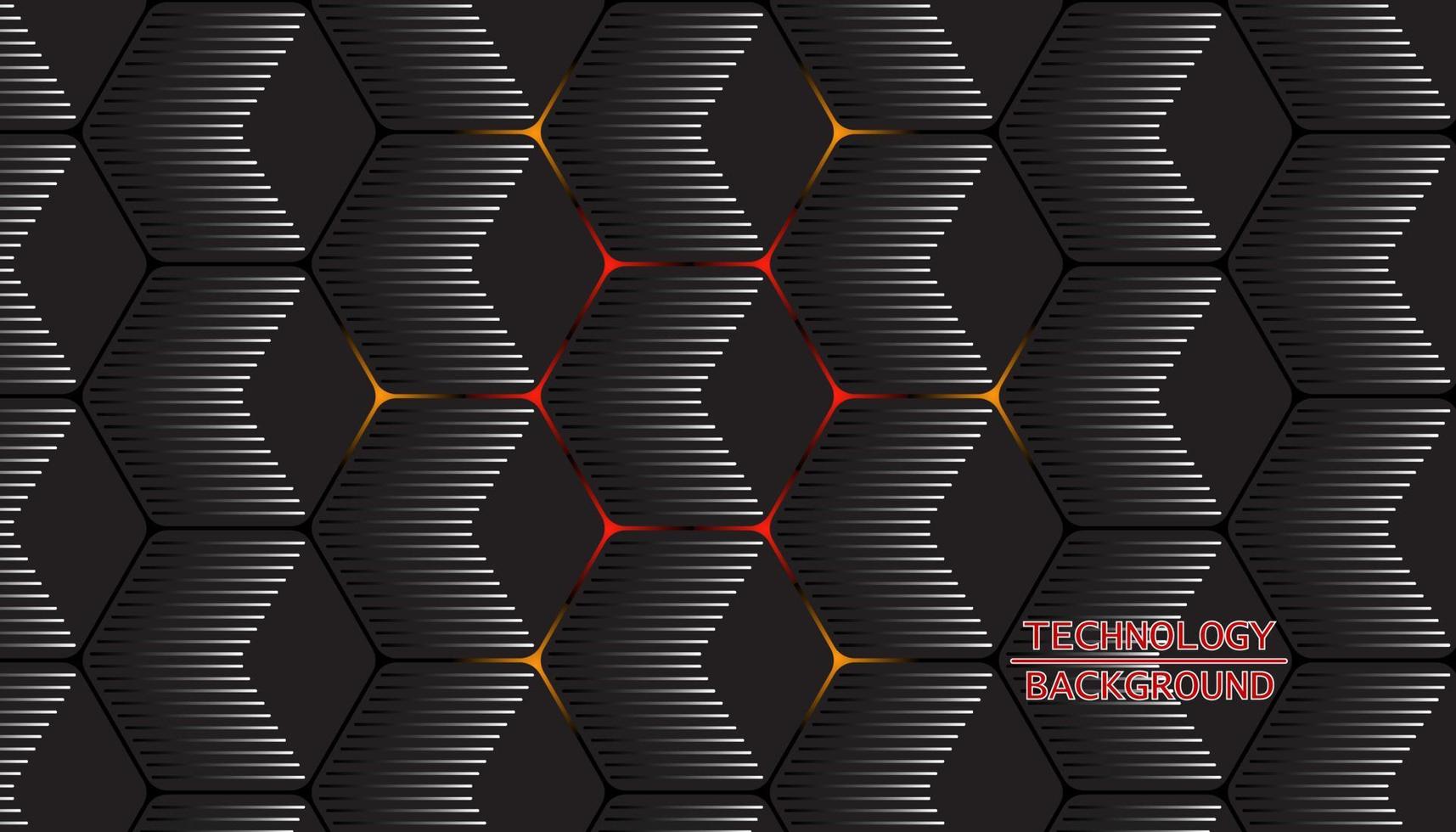 Dark gray hexagonal technology vector abstract background. Orange bright energy flashes under hexagon in modern technology futuristic background vector illustration. Dark gray honeycomb texture grid