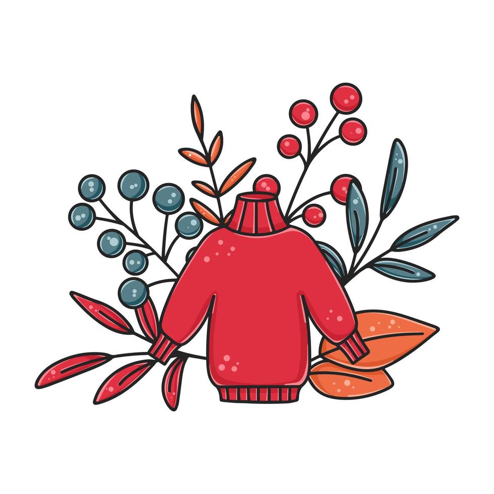 Hand drawn creative with knitted sweater, foliage and berries vector