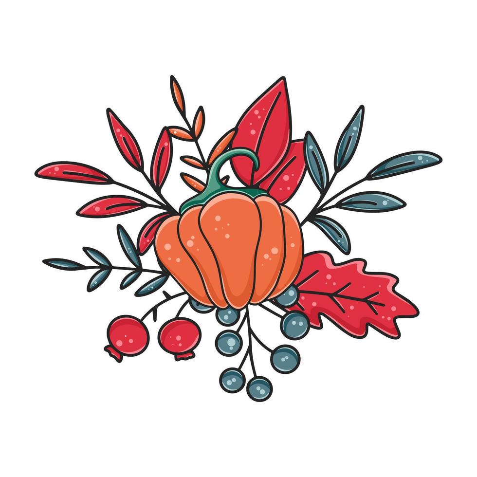 hermosa decoración de otoño con hojas de calabaza naranja y bayas vector