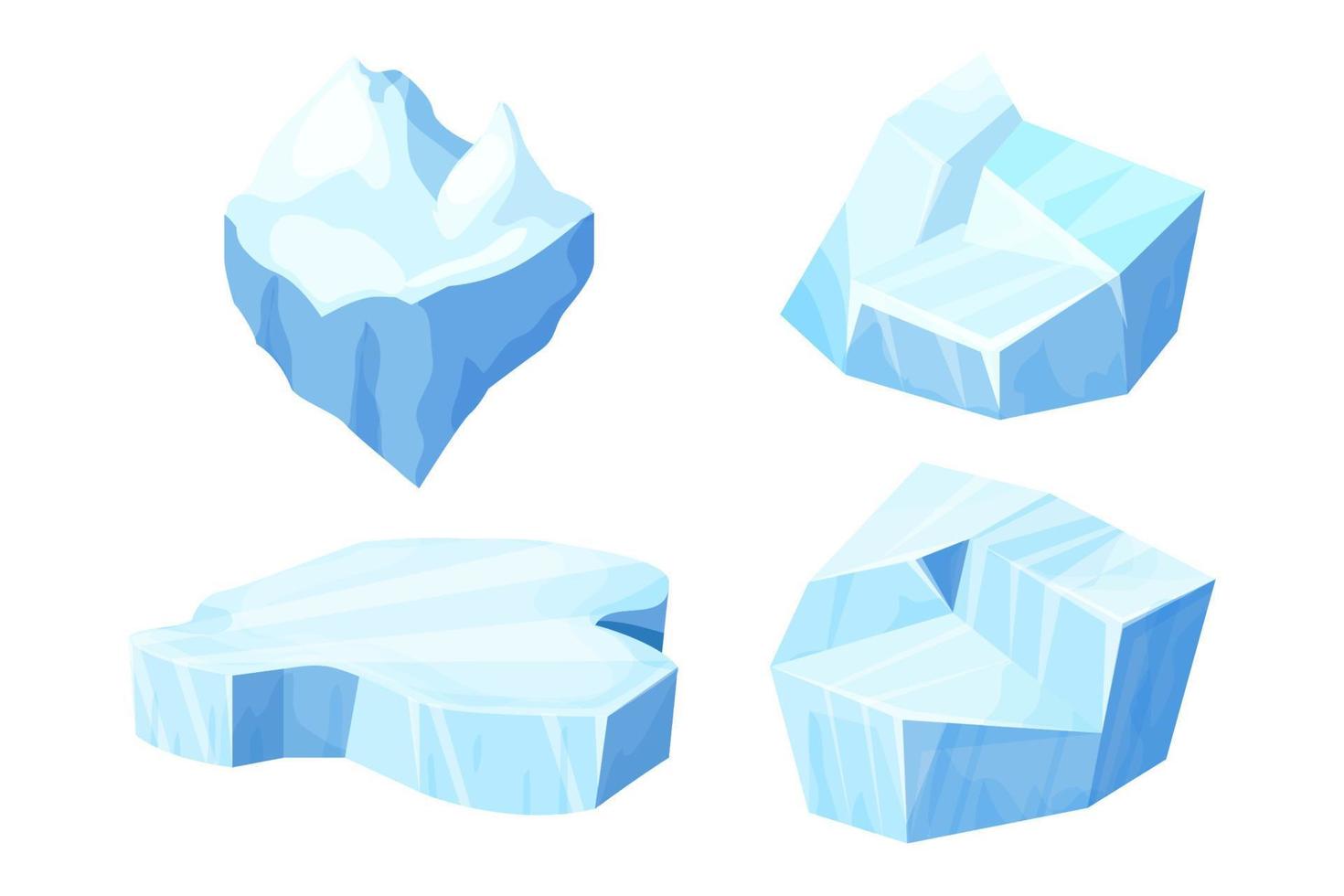 Set Ice floe, frozen water piece, iceberg in cartoon style isolated on white background. Polar landscape element, ui game asset. Winter decoration. Vector illustration