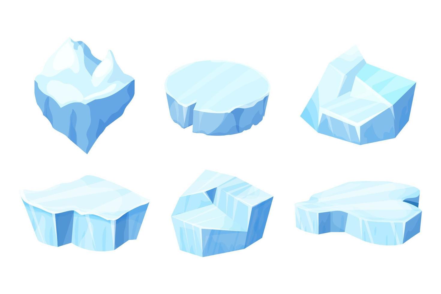 Set Ice floe, frozen water piece, iceberg in cartoon style isolated on white background. Polar landscape element, ui game asset. Winter decoration. Vector illustration