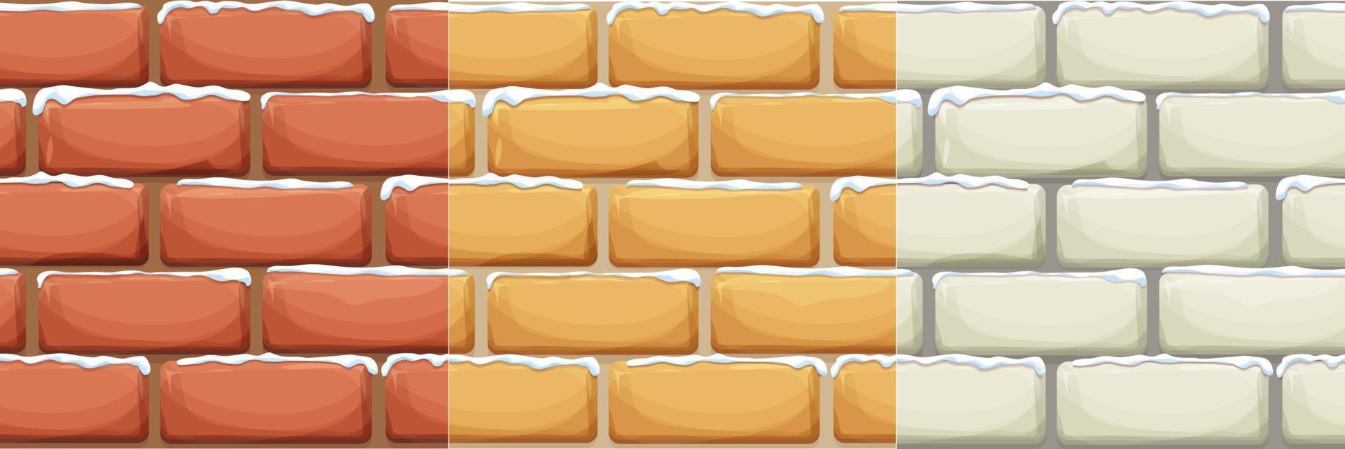 pared de ladrillo con nieve, ladrillos de piedra, superficie de roca en estilo de dibujos animados, fondo transparente de invierno. activo del juego ui, pavimento o carretera. texturizado y detallado. ilustración vectorial vector