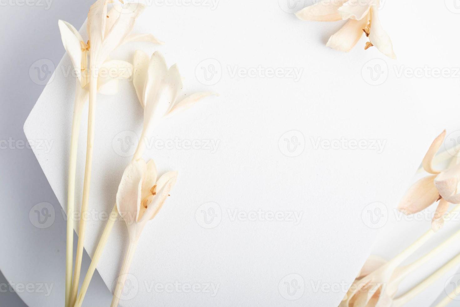White product stand, mock up on a white background texture background Ideal backdrop for product presentations, exhibitions and mockups. photo