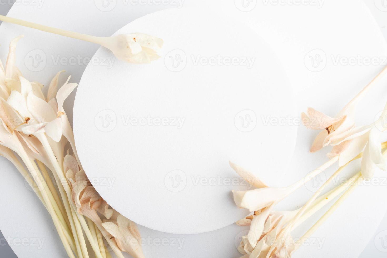 White product stand, mock up on a white background texture background Ideal backdrop for product presentations, exhibitions and mockups. photo