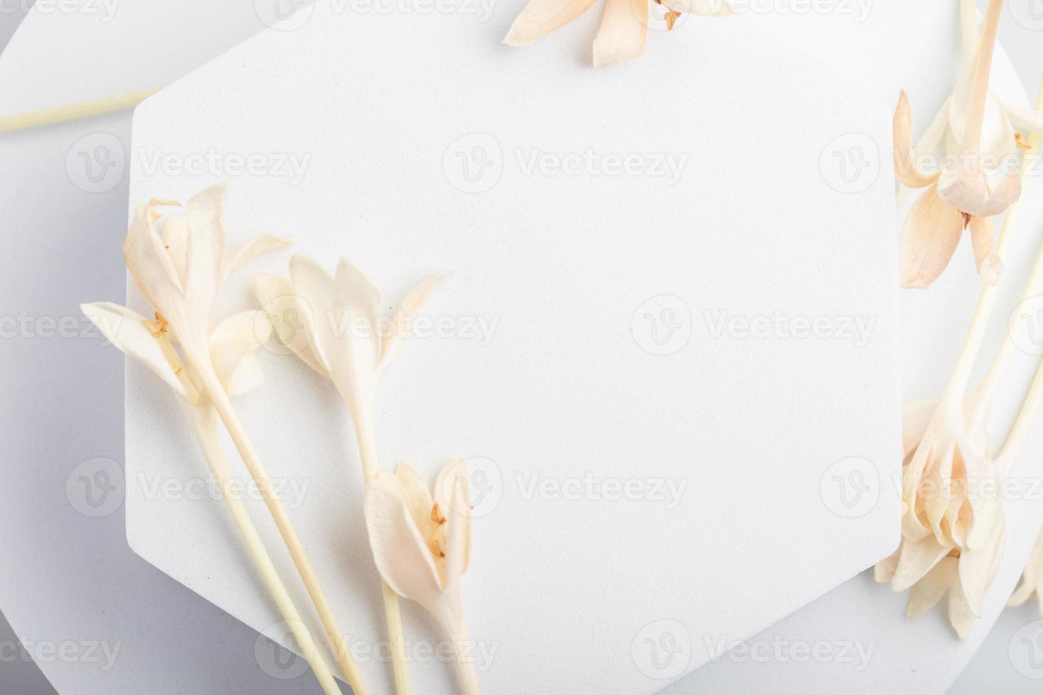 White product stand, mock up on a white background texture background Ideal backdrop for product presentations, exhibitions and mockups. photo