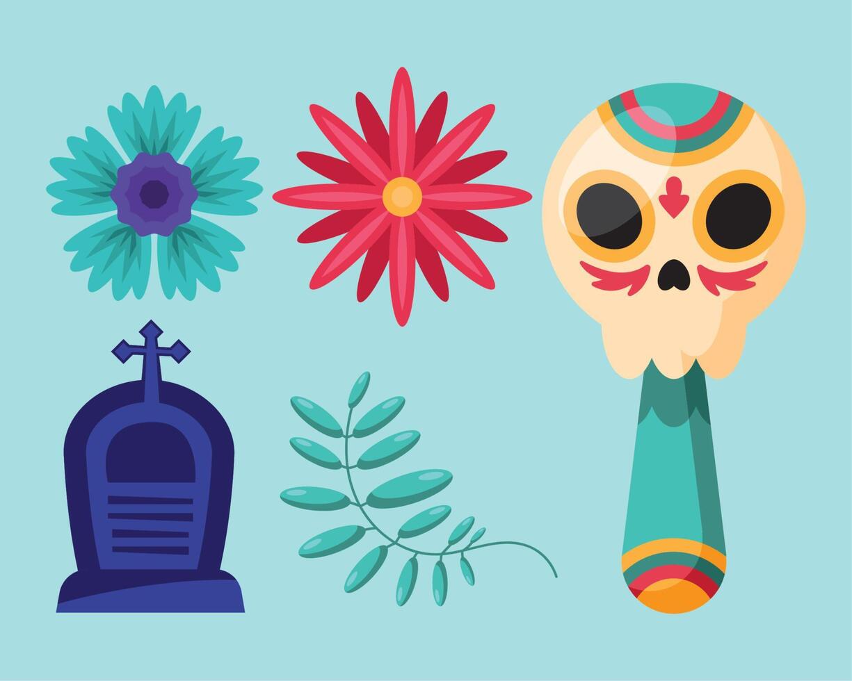 cinco iconos de dia de los muertos vector