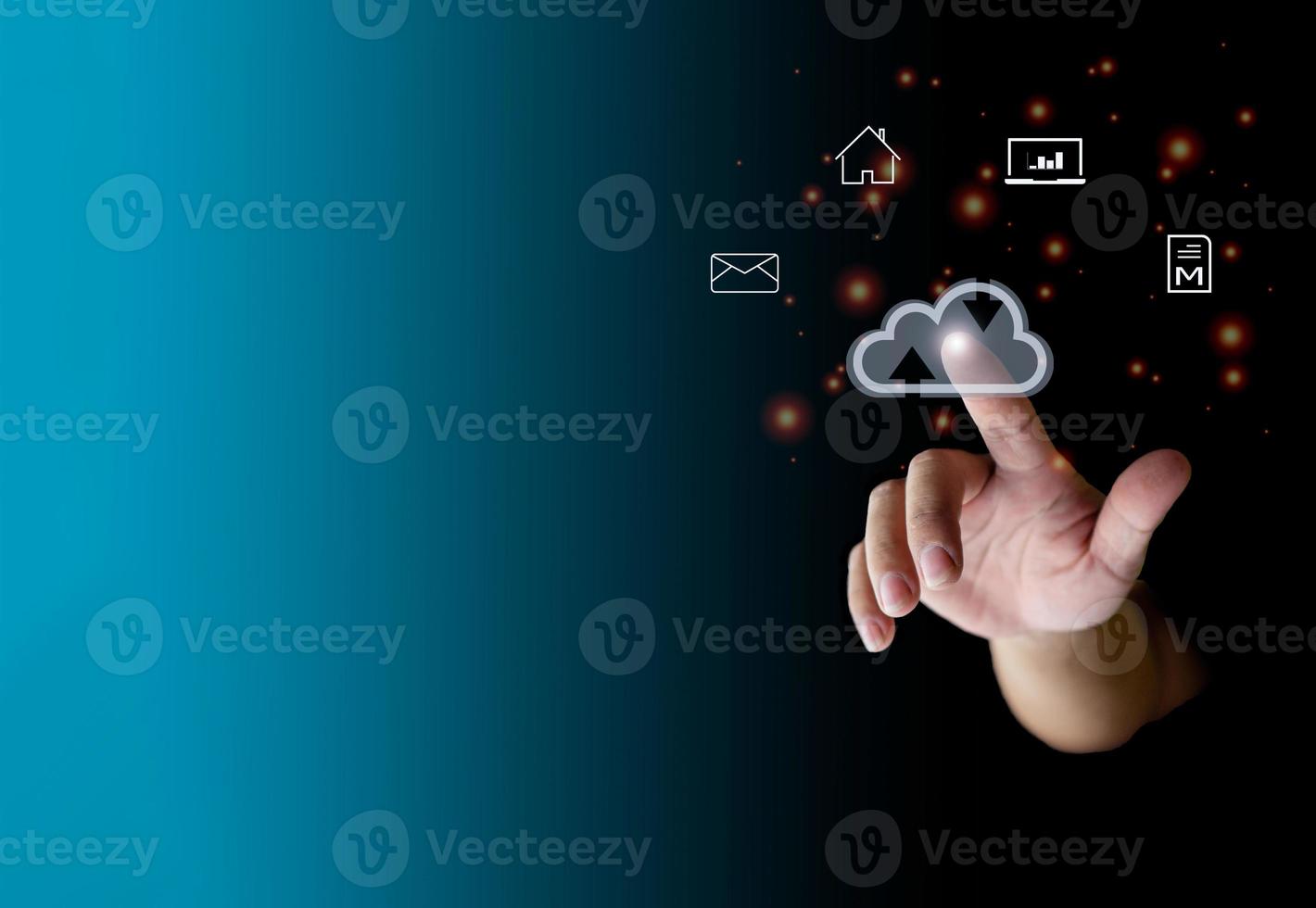 human finger pointing at the cloud show global data transfer with cloud computing, global internet, communication, big data, copy space photo