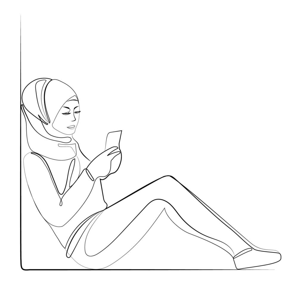 Muslim woman in hijab uses smartphone line art drawing,vector illustration.Young modern muslim woman looks into her smartphone phone while sitting on the floor continuous line drawing.Minimal design vector