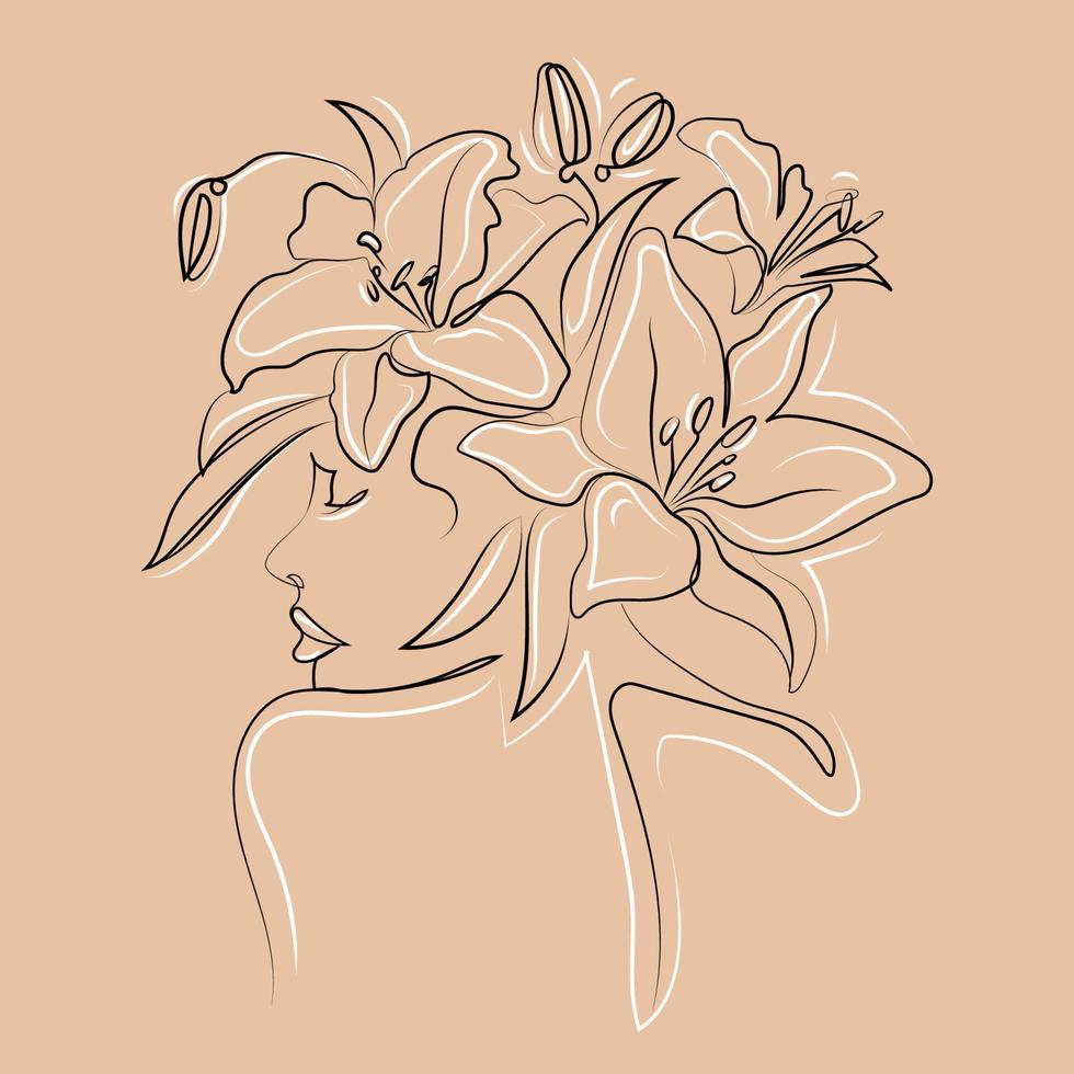 las mujeres minimalistas de línea abstracta moderna se enfrentan con flores de lirio en la ilustración de vector de cabeza sobre fondo beige desnudo.dibujo de línea de cabeza de flores.diseño de emblema de mujer de flor, estampado de moda,cosméticos