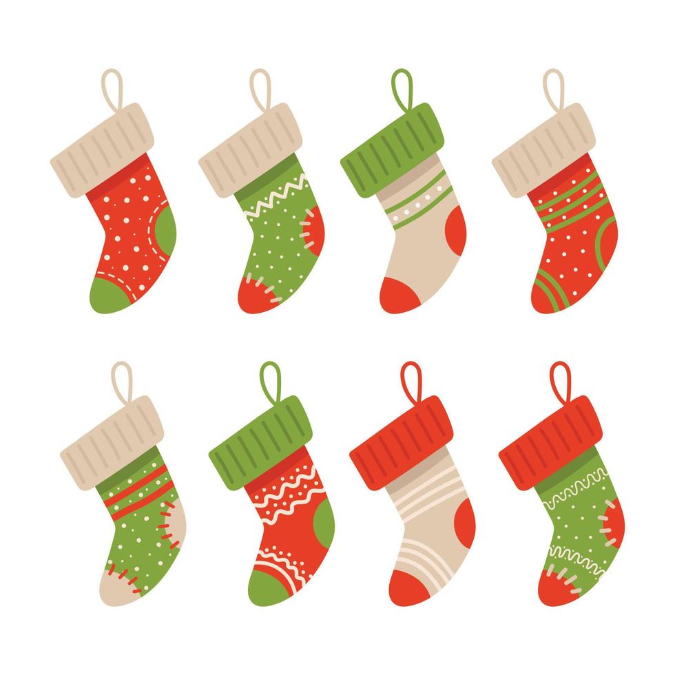 Set of vector Christmas socks, with different patterns, different colors, on a white background.