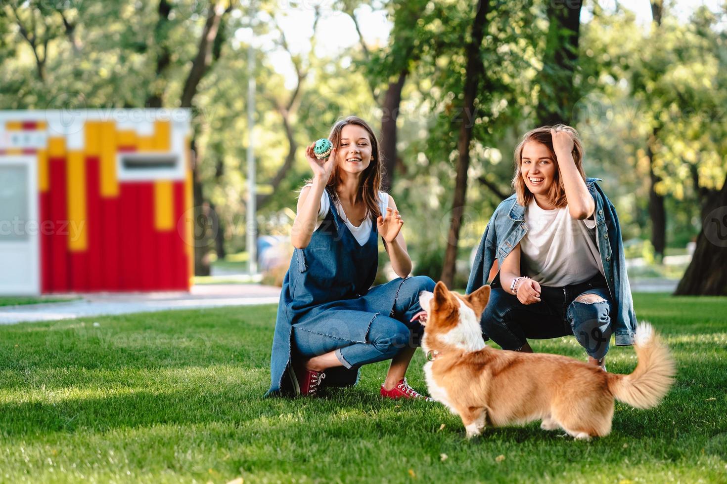 Two female friend in the park play with little dog photo