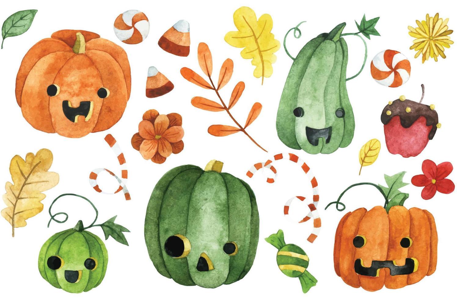 watercolor drawing. cute halloween pumpkins, candies, autumn flowers and leaves. decorations for the holiday halloween set. vector