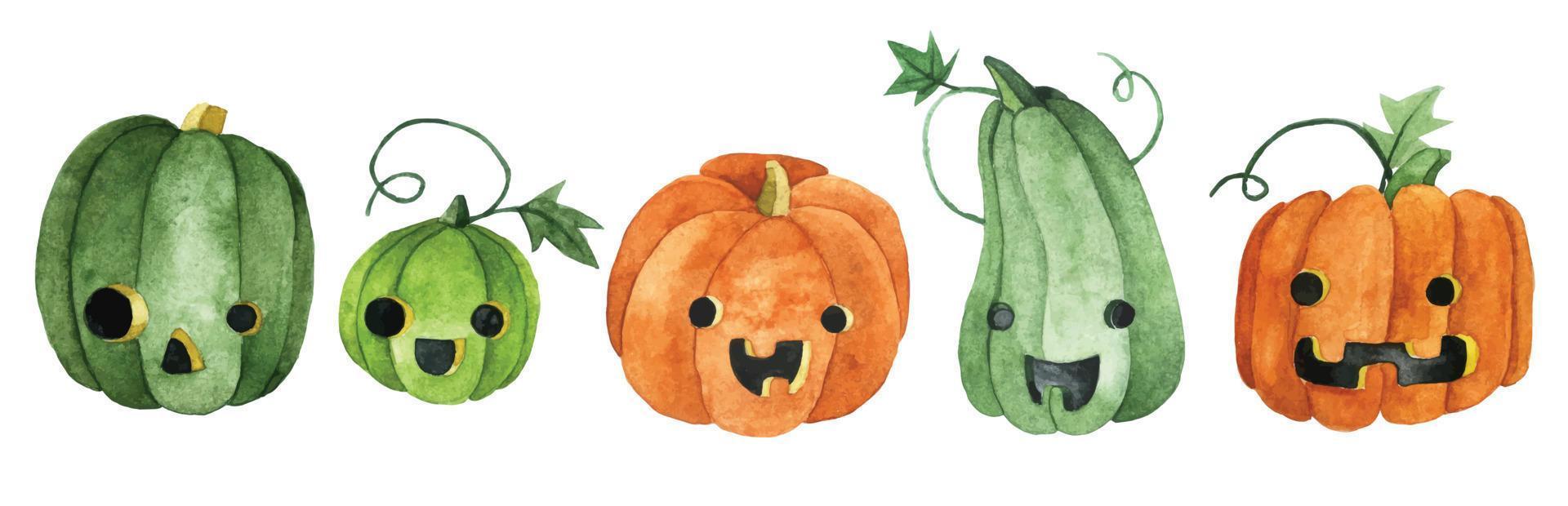 dibujo de acuarela, conjunto de lindas calabazas de halloween. calabazas verdes y naranjas, con caras graciosas, linda foto para niños. vector