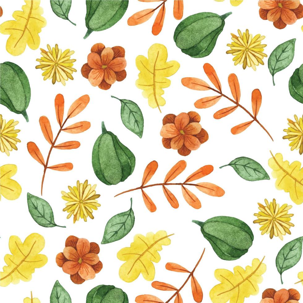 watercolor seamless pattern with autumn leaves, pumpkins and flowers. cute print on the theme of autumn, halloween, thanksgiving. vector