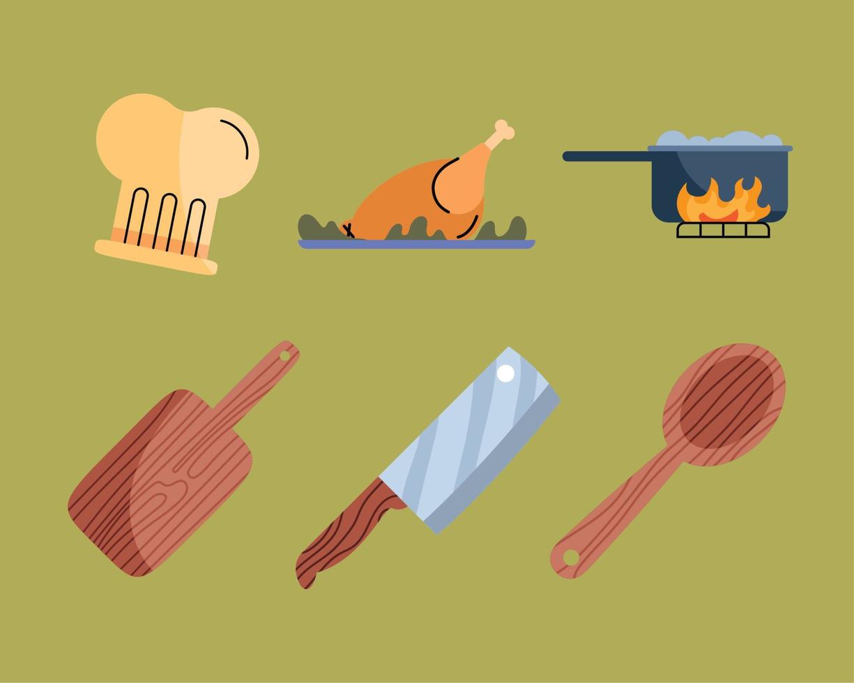 six kitchen utensils icons vector
