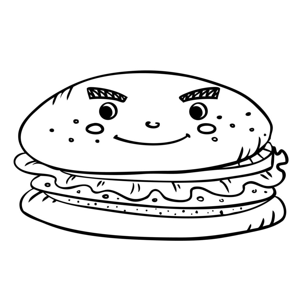 Fast food burger with cutlet, pmidor and salad. Vector illustration in doodle style.