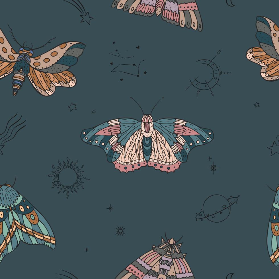 Moth, symbols of the sky, sun and moon vector seamless pattern. Night butterfly nature illustration. Boho insect background.