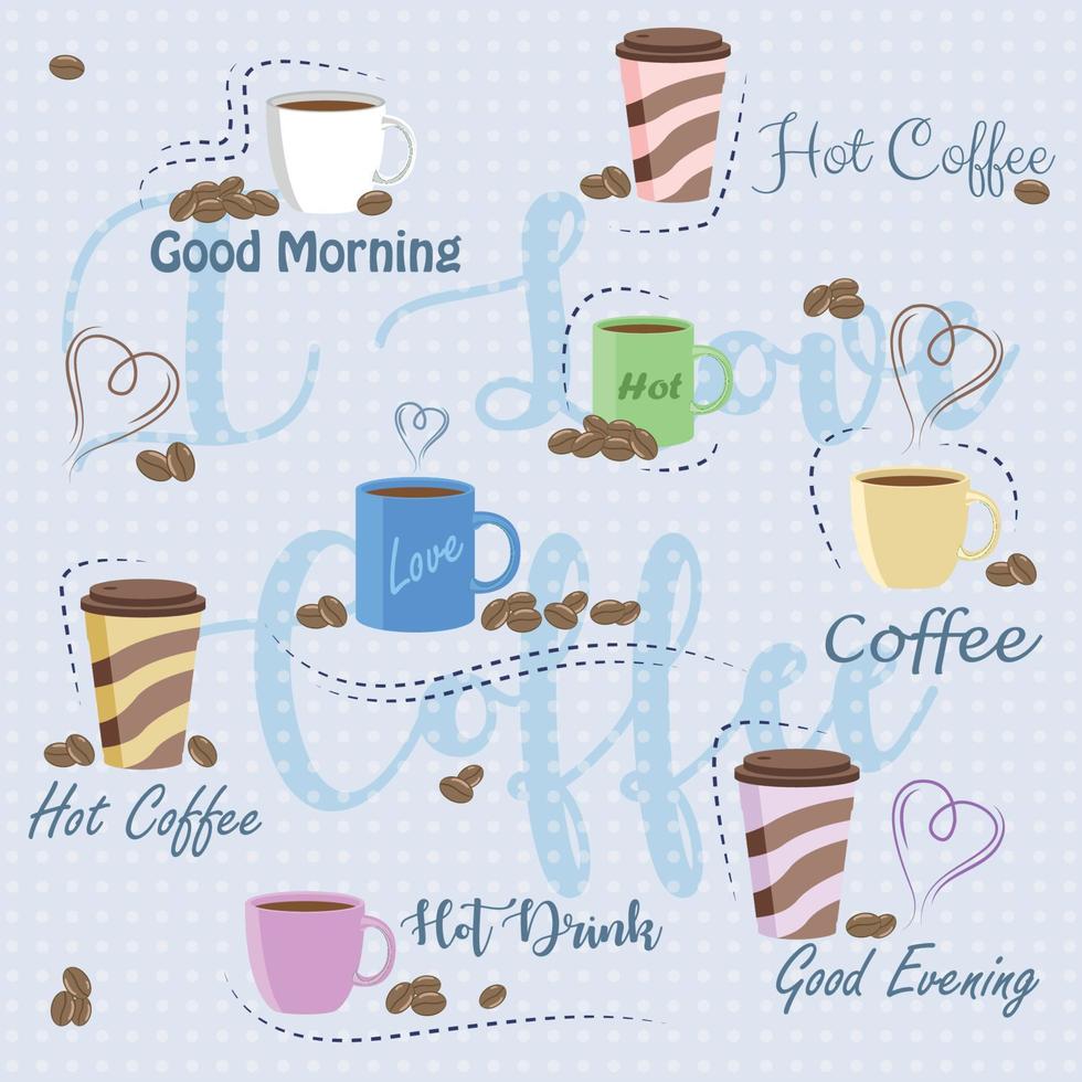 tazas de café con granos de café y buenos deseos ilustración vectorial premium vector