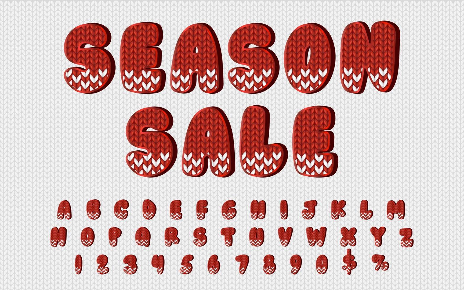 Season sale lettering in red color with knit texture on background. Full English alphabet to decorate greeting cards or advertisement banner vector