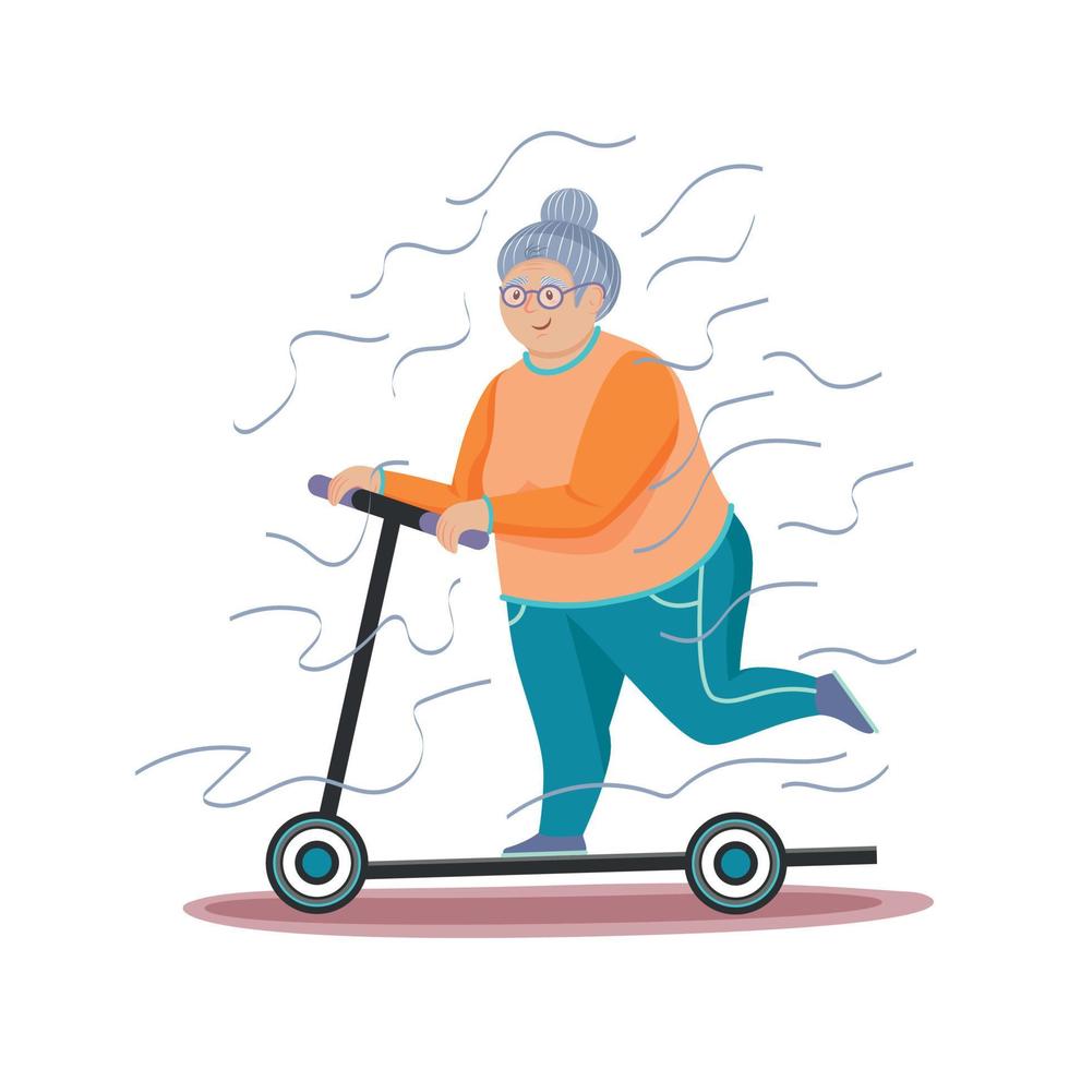 mujer de edad avanzada activa positiva en electro gyro scooter. Actividad divertida para personas mayores de edad positiva. protección de ancianos. utilizando el transporte urbano ecológico. vector