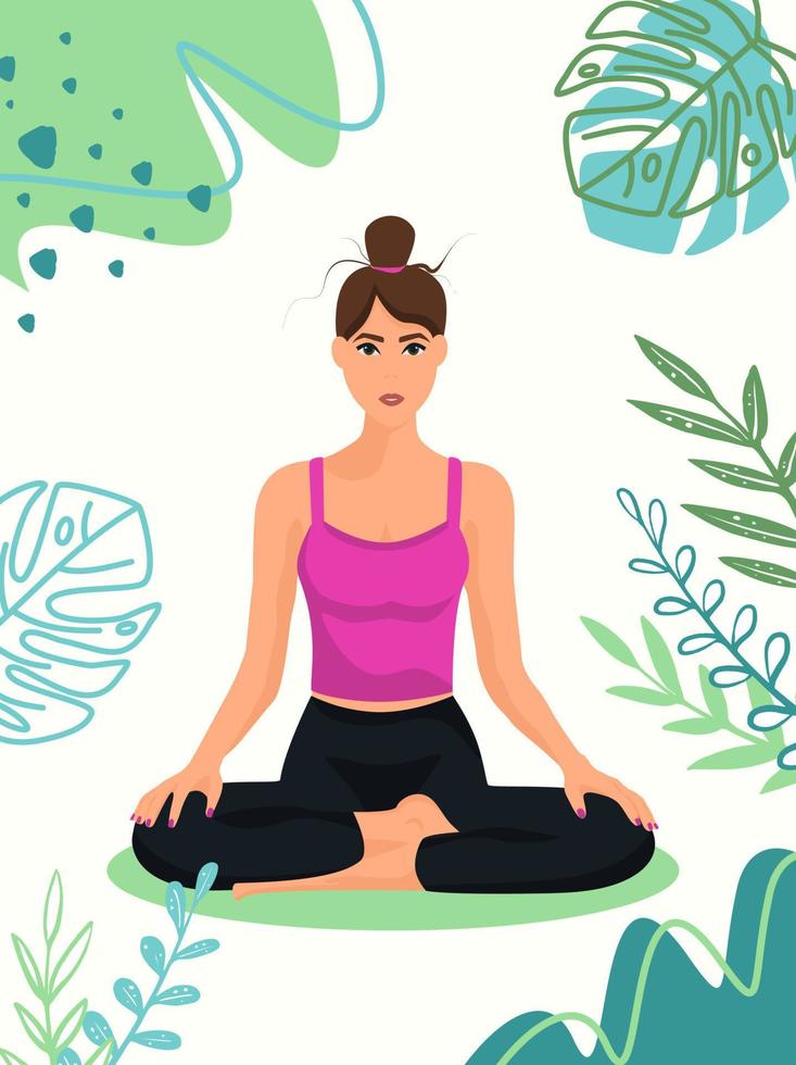 Yoga woman poster with tropical plants. lotus pose is meditation practice. Vector illustration for wellness center or yoga studio.