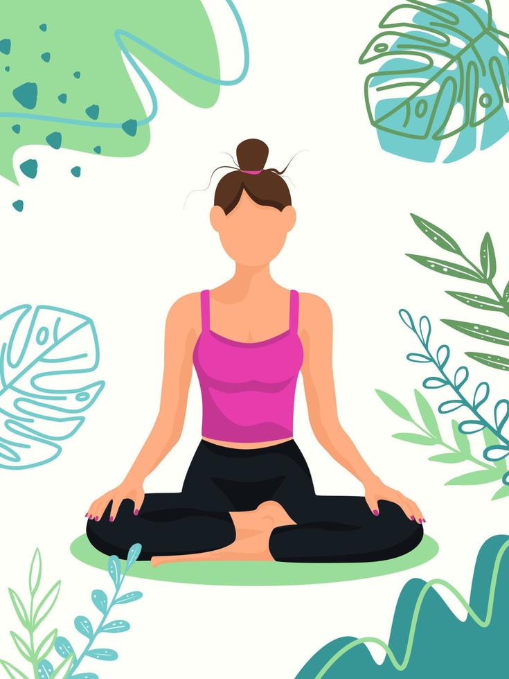 Yoga woman in faceless style with tropical plants. lotus pose is meditation practice. Vector illustration for wellness center or yoga studio