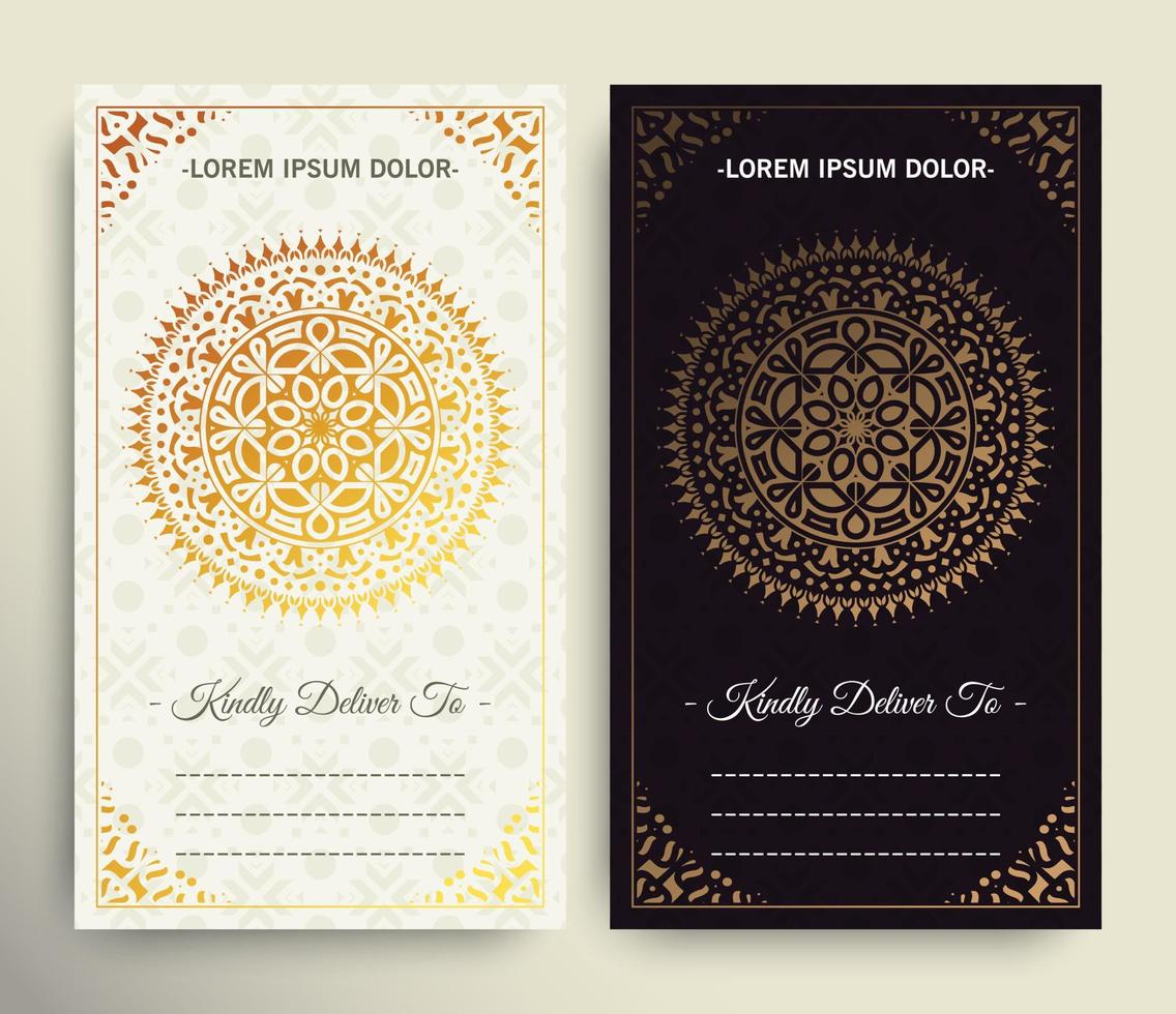 Tarjeta decorativa mandala de lujo en color dorado. vector