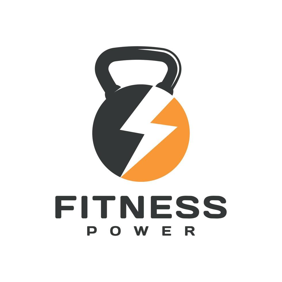 Gym strength logo design kettle bell, thunder symbol, fitness sports logo, symbol, icon, template vector