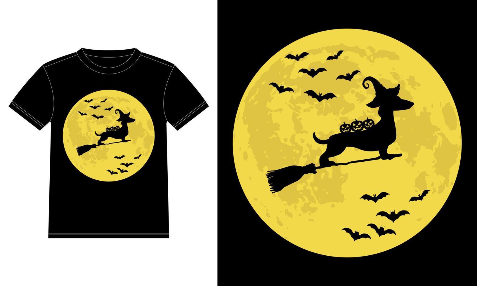 camiseta divertida de halloween de la bruja del perro salchicha en la luna vector