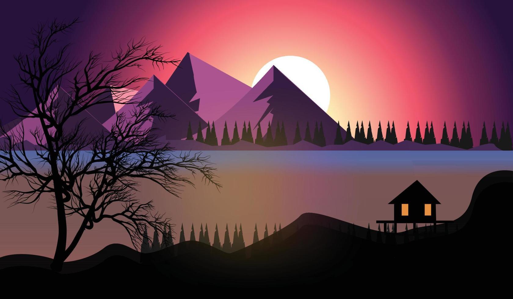 Lake mountains sunset landscape illustration wild natural background vector