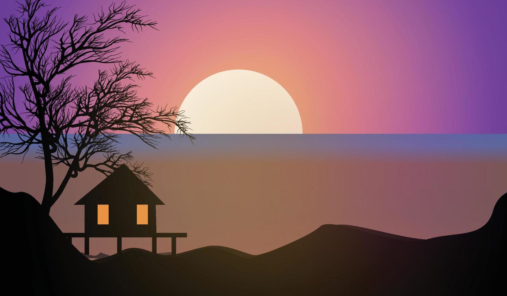 Sunset scene lake. Glowing forest sky with river and sky landscape background vector