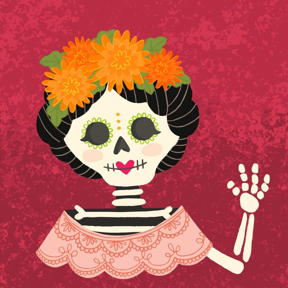 día de muertos, fiesta mexicana, festival. mujer calavera con maquillaje de catrina con corona de flores vector