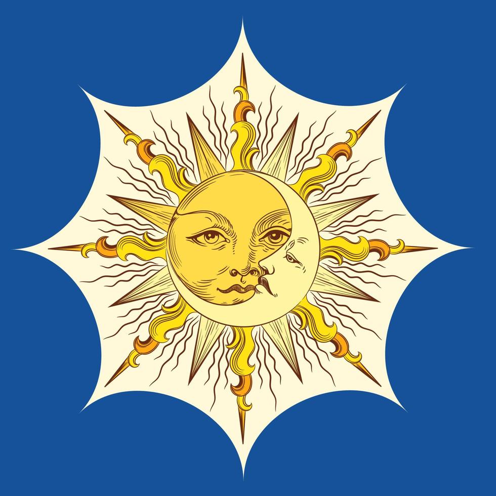 Golden sun and a crescent moon with a face. Design for tattoo, astrology, stickers, tarot. vector