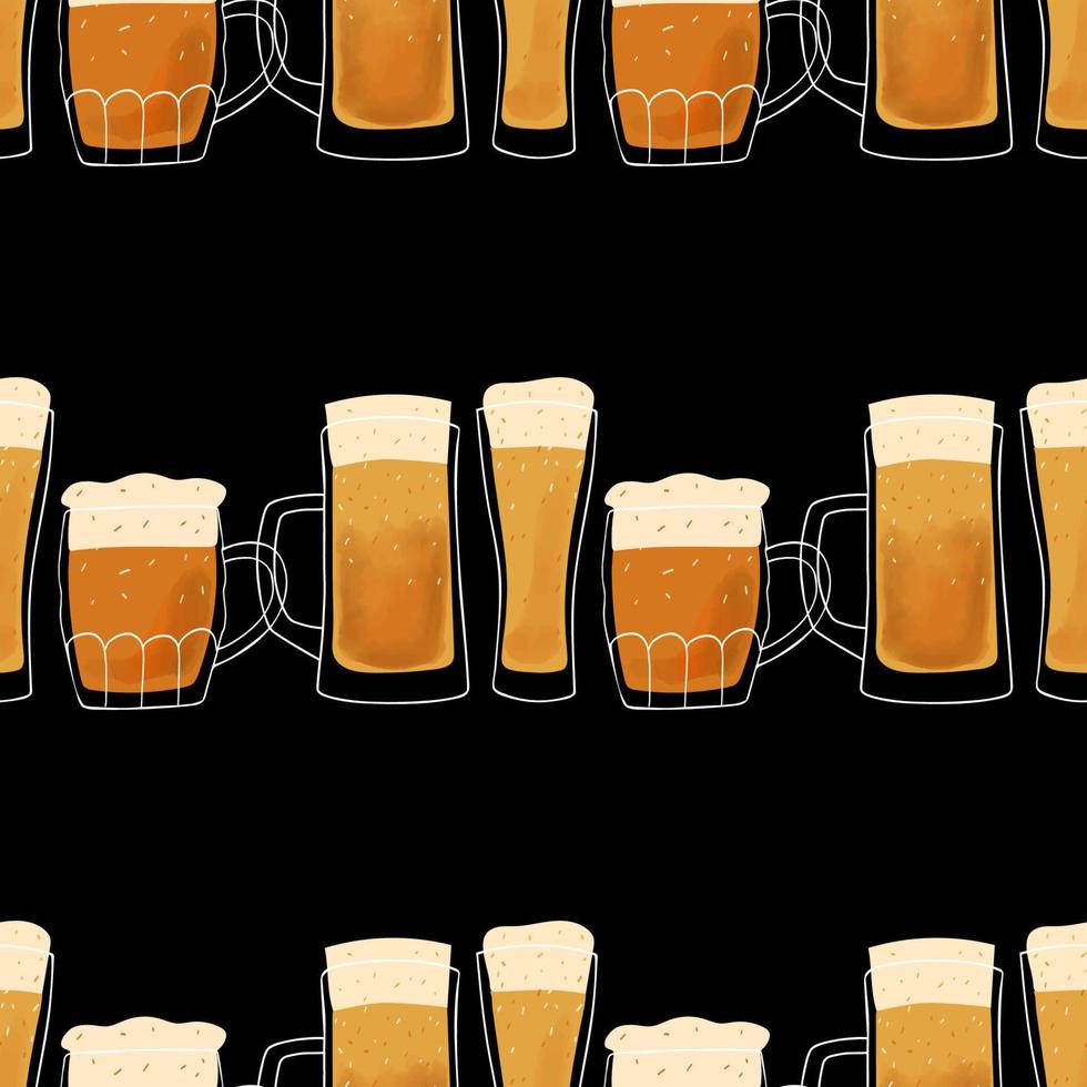 Seamless pattern stylized illustration mugs of beer on black background vector