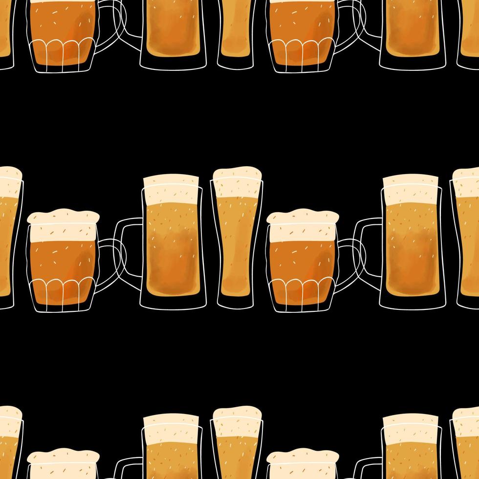 Seamless pattern stylized illustration mugs of beer on black background vector